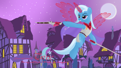 Size: 3840x2160 | Tagged: safe, artist:virenth, trixie, pony, unicorn, alicorn amulet, armor, artificial wings, augmented, cloak, clothes, gun, magic, magic wings, pistol, quirass, rapier, solo, sword, wallpaper, wings