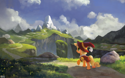 Size: 1906x1200 | Tagged: safe, artist:ajvl, applejack, smart cookie, earth pony, pony, hearth's warming eve (episode), clothes, costume, mountain, path, ravine, scenery, solo