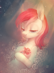 Size: 3400x4600 | Tagged: safe, artist:shedence, roseluck, earth pony, pony, abstract background, absurd resolution, beautiful, bedroom eyes, bust, flower, hoof hold, lidded eyes, portrait, rose, smiling, solo