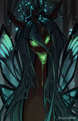 Size: 600x927 | Tagged: safe, artist:dragonbeak, queen chrysalis, changeling, changeling queen, drool, epic, fangs, female, glowing eyes, looking at you, solo