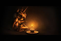 Size: 1600x1091 | Tagged: safe, artist:ventious, princess luna, alicorn, pony, alone, birthday, candle, cupcake, dark, detailed, female, food, frown, happy birthday to me, letterboxing, limited palette, lonely, mare, monochrome, s1 luna, sad, solo, woobie