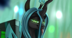 Size: 1101x590 | Tagged: safe, artist:mercurial64, queen chrysalis, changeling, changeling queen, :p, christmas presents, cute, cutealis, female, forked tongue, lidded eyes, present, silly, smiling, solo, tongue out