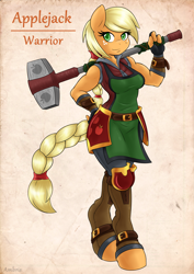 Size: 2550x3600 | Tagged: safe, artist:ambris, applejack, anthro, earth pony, pony, unguligrade anthro, adventuring is magic, colored pupils, female, freckles, hammer, looking at you, multiple variants, muscles, smiling, solo, war hammer, warrior, weapon