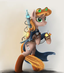 Size: 1701x1920 | Tagged: safe, artist:atlas-66, oc, oc only, oc:fixer, earth pony, pony, clothes, coat, ear fluff, electricity, female, goggles, mare, rearing, simple background, solo, steampunk