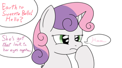 Size: 1920x1080 | Tagged: safe, artist:spritepony, sweetie belle, pony, unicorn, concentrating, newbie artist training grounds, offscreen character, simple background, solo, speech bubble, talking, thinking