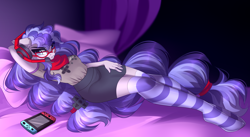Size: 4920x2696 | Tagged: safe, artist:airiniblock, oc, oc only, oc:cinnabyte, anthro, earth pony, unguligrade anthro, absurd resolution, bed, bedroom, clothes, commission, female, gamer, glasses, headset, nintendo switch, pillow, rcf community, skirt, socks, solo, striped socks