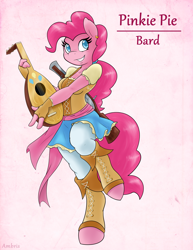 Size: 2550x3300 | Tagged: safe, artist:ambris, pinkie pie, anthro, earth pony, unguligrade anthro, adventuring is magic, bard, bard pie, blunderbuss, clothes, colored pupils, female, gun, lute, multiple variants, musical instrument, raised leg, smiling, solo, weapon