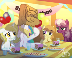 Size: 1024x830 | Tagged: safe, artist:bluse, cheerilee, princess celestia, oc, alicorn, pony, bag on head, balloon, cake, cakelestia, cookie, disguise, face on a bag, female, filly, foal, fork, glass of water, literal paper thin disguise, paper bag, paper-thin disguise, seems legit, show accurate, signature, table, water