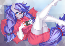 Size: 4092x2893 | Tagged: safe, artist:sherr, oc, oc only, oc:cinnabyte, anthro, earth pony, plantigrade anthro, adorkable, clothes, commission, cute, dork, dress, glasses, nintendo switch, shirt, smiling, stockings, switch, thigh highs, your character here