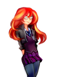 Size: 1000x1310 | Tagged: safe, artist:dzetawmdunion, sunset shimmer, human, equestria girls, friendship games, alternate costumes, clothes, crystal prep academy, crystal prep academy uniform, crystal prep shadowbolts, glasses, humanized, pixiv, school uniform, simple background, skirt, solo, white background