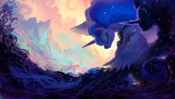 Size: 1920x1080 | Tagged: safe, artist:huussii, princess luna, tantabus, alicorn, pony, do princesses dream of magic sheep, beautiful, cloud, color porn, dark, day, dream, dreamscape, duality, eyes closed, female, fibonacci spiral, flying, frown, light, mare, night, peytral, scenery, scenery porn, shadow, silhouette, spread wings, surreal, waterfall, wings