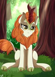 Size: 1850x2600 | Tagged: safe, artist:orangejuicerus, autumn blaze, kirin, sounds of silence, crepuscular rays, female, forest, head tilt, lidded eyes, sitting, solo, tree