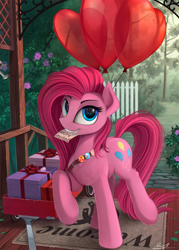 Size: 1800x2517 | Tagged: safe, artist:yakovlev-vad, pinkie pie, earth pony, pony, badge, balloon, cute, cuteamena, female, fluffy, grin, invitation, looking at you, mare, mouth hold, pinkamena diane pie, present, raised hoof, raised leg, scenery, smiling, solo, wagon