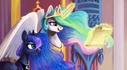 Size: 1800x1001 | Tagged: safe, artist:dearmary, princess celestia, princess luna, alicorn, pony, crown, cute, cutelestia, detailed background, duo, duo female, featured image, female, females only, glowing horn, horn, jewelry, letter, levitation, lunabetes, magic, mare, multicolored mane, open mouth, opening, purple coat, regalia, royal sisters, scene interpretation, scroll, siblings, sisters, smiling, spread wings, telekinesis, white coat, wings