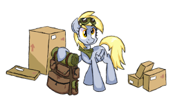 Size: 1108x689 | Tagged: safe, artist:signal15, derpy hooves, pegasus, pony, backpack, box, female, goggles, mailmare, mare, newbie artist training grounds, package, simple background, solo, transparent background