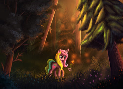 Size: 2914x2109 | Tagged: safe, artist:atlas-66, rarity (g3), pony, unicorn, g3, female, flower, forest, levitation, magic, raised hoof, scenery, solo, telekinesis, tree