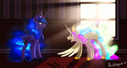 Size: 2298x1243 | Tagged: safe, artist:rublegun, princess celestia, princess luna, alicorn, pony, backlighting, crepuscular rays, ethereal mane, glowing mane, light, looking at each other, open mouth, shadow, signature, sun, sunlight, window