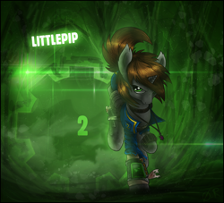 Size: 1732x1575 | Tagged: safe, artist:theomegaridley, oc, oc only, oc:littlepip, pony, unicorn, fallout equestria, clothes, fanfic, fanfic art, female, gun, handgun, hooves, horn, little macintosh, mare, optical sight, pipbuck, revolver, saddle bag, solo, stable, stable 2, stable door, vault suit, weapon