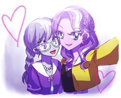 Size: 618x501 | Tagged: safe, artist:nmnkgskds, diamond tiara, silver spoon, equestria girls, accessory, cute, female, glasses, heart, lesbian, necklace, pearl necklace, pixiv, selfie
