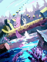 Size: 1000x1307 | Tagged: safe, artist:foresterrr, angel bunny, fluttershy, pegasus, pony, log, mountain range, rear view, river