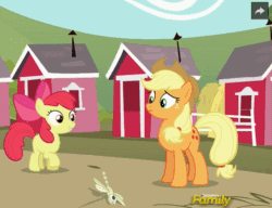 Size: 559x429 | Tagged: safe, apple bloom, applejack, earth pony, pony, brotherhooves social, adorabloom, animated, bouncing, cute, pronking, sweet apple acres