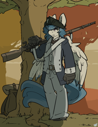 Size: 984x1283 | Tagged: safe, artist:bbsartboutique, oc, oc only, oc:delta dart, anthro, hippogriff, american revolution, clothes, gun, hat, minuteman, rifle, solo, talons, tree, uniform, weapon
