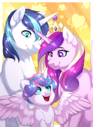 Size: 1230x1690 | Tagged: safe, artist:silentwolf-oficial, princess cadance, princess flurry heart, shining armor, alicorn, pony, unicorn, cute, cutedance, ear fluff, family, female, filly, flurrybetes, male, mare, open mouth, shining adorable, shiningcadance, shipping, smiling, spread wings, stallion, straight, wings