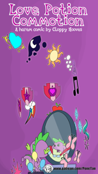 Size: 1080x1920 | Tagged: safe, artist:cloppy hooves, spike, butterfly, dragon, comic:love potion commotion, apple, balloon, bubble, comic, comic cover, cutie mark, explicit source, gem, harem, heart, male, mirror, moon, music notes, open mouth, purple background, show accurate porn, simple background, solo, spike gets all the mares, sun, text