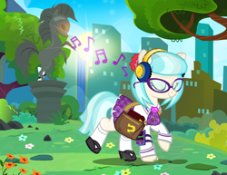 Size: 1200x927 | Tagged: safe, artist:pixelkitties, coco pommel, earth pony, pony, made in manehattan, alternate hairstyle, bag, book, city, clothes, cocobetes, cute, eyes closed, female, glasses, headphones, ipod, listening, manehattan, mare, mp3 player, music, music notes, park, raised hoof, raised leg, saddle bag, schoolgirl, skirt, smiling, solo, statue, sun