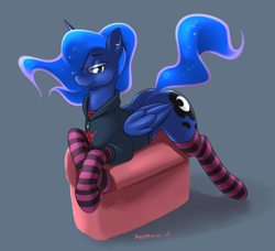 Size: 2432x2216 | Tagged: safe, artist:devo87, princess luna, alicorn, pony, alternate hairstyle, ass up, black hoodie, blue coat, blue mane, blue tail, clothes, crossed hooves, cute, cutie mark, ear piercing, earring, ethereal mane, ethereal tail, female, folded wings, glasses, gray background, hair over one eye, hair tie, hoodie, jacket, lidded eyes, looking at you, lunabetes, lying on stomach, mare, missing accessory, piercing, plot, ponytail, purple socks, sexy, signature, simple background, smiling, socks, solo, spread legs, starry mane, starry tail, striped socks, wings, zipper