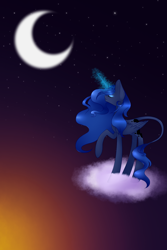 Size: 1000x1500 | Tagged: safe, artist:luna756, princess luna, alicorn, pony, cloud, magic, moon, solo, twilight (astronomy)
