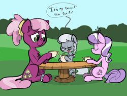 Size: 1200x900 | Tagged: safe, artist:whydomenhavenipples, cheerilee, diamond tiara, silver spoon, earth pony, pony, accessory, cheerispoon, chest fluff, dialogue, ear fluff, eyes closed, female, filly, glasses, mare, pearl necklace, sleeping pills, table, tea, teacup, teapot, trio