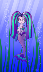 Size: 1684x2812 | Tagged: safe, artist:skorpionletun, aria blaze, mermaid, merpony, pony, ariabetes, belly button, cute, midriff, seashell, seashell bra, smiling, species swap, underwater, when she smiles