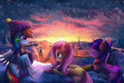 Size: 4961x3314 | Tagged: safe, artist:atlas-66, fluttershy, rainbow dash, twilight sparkle, twilight sparkle (alicorn), alicorn, pegasus, pony, absurd file size, clothes, commission, earmuffs, female, hat, mare, outdoors, ponyville, prone, scarf, scenery, scenery porn, smiling, snow, sunrise, sunset, trio, wings, winter, winter outfit