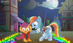 Size: 4951x2934 | Tagged: safe, artist:rainihorn, rainbow dash, scootaloo, pegasus, pony, crusaders of the lost mark, back to the future, crossover, doc brown, marty mcfly