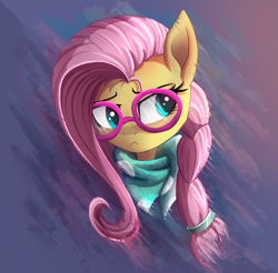 Size: 1390x1366 | Tagged: safe, artist:atlas-66, fluttershy, pegasus, pony, abstract background, alternate hairstyle, braid, bust, clothes, female, glasses, hipstershy, looking away, looking sideways, mare, portrait, scarf, solo