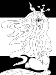 Size: 1024x1365 | Tagged: safe, artist:chapaevv, queen chrysalis, changeling, changeling queen, looking at you, monochrome, solo