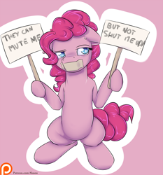 Size: 1350x1450 | Tagged: safe, artist:alasou, pinkie pie, earth pony, pony, hoof hold, patreon, patreon logo, sign, simple background, solo, tape
