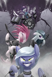 Size: 1181x1748 | Tagged: safe, artist:underpable, limestone pie, marble pie, maud pie, pinkie pie, earth pony, pony, badass, band, bracelet, choker, clothes, drums, ear piercing, earring, electric guitar, epic, eyebrow piercing, female, flying v, fuck yeah, grin, guitar, hardcore, heavy metal, jewelry, mare, metal, metal as fuck, microphone, middle finger, necklace, pickelhaube, pie sisters, piercing, pinkamena diane pie, punk, punkamena, punkie pie, rock farm, shirt, spiked choker, spiked wristband, t-shirt, tattoo