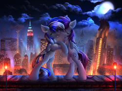 Size: 3140x2336 | Tagged: safe, artist:atlas-66, oc, oc only, oc:herpy, oc:swirple, pegasus, pony, airship, chrysler building, city, cloud, crying, crystaller building, empire state building, eyes closed, full moon, high res, lavender spirit, lights, manehattan, moon, night, pony (sony), rearing, scp foundation, skyscraper, tears of joy