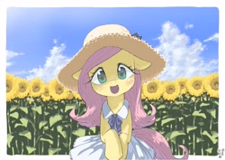 Size: 4093x2894 | Tagged: safe, artist:yanamosuda, fluttershy, pegasus, pony, semi-anthro, blushing, bow, clothes, cute, daaaaaaaaaaaw, dress, female, floppy ears, flower, flower field, full face view, hat, head tilt, looking at you, mare, open mouth, outdoors, shyabetes, sky, smiling, solo, sun hat, sundress, sunflower, weapons-grade cute