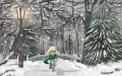 Size: 2400x1500 | Tagged: safe, artist:kira-minami, derpy hooves, pegasus, pony, clothes, cute, derpabetes, happy, lamppost, looking at you, park, raised hoof, scarf, smiling, snow, snowfall, solo, spread wings, tongue out, tree, winter