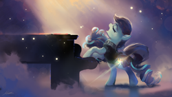 Size: 1920x1080 | Tagged: safe, artist:huussii, coloratura, earth pony, pony, the mane attraction, beautiful, bipedal, eyes closed, fog, glow, glowing cutie mark, open mouth, piano, playing, rara, scene interpretation, signature, singing, solo, the magic inside, wallpaper, windswept mane
