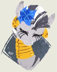 Size: 848x1066 | Tagged: safe, artist:weird--fish, zecora, zebra, bust, cute, ear piercing, earring, eyes closed, female, flower, flower in hair, happy, jewelry, necklace, piercing, poison joke, portrait, signature, simple background, smiling, solo, wrong muzzle color, zecorable