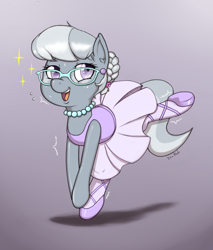 Size: 844x992 | Tagged: safe, artist:i am nude, silver spoon, earth pony, pony, /mlp/, 4chan, active stretch, ballerina, ballet, ballet slippers, clothes, cute, female, filly, flexible, glasses, happy, jewelry, leotard, lidded eyes, looking at you, necklace, open mouth, pearl necklace, shivering, smiling, solo, sparkles, sweat, tights, tutu
