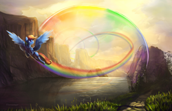 Size: 2200x1423 | Tagged: safe, artist:viwrastupr, rainbow dash, pegasus, pony, flying, mountain, outdoors, rainbow trail, river, scenery, scenery porn, smiling, solo, sonic rainboom, spread wings, tree, water