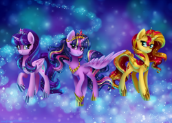 Size: 1400x1000 | Tagged: safe, artist:frostykat13, starlight glimmer, sunset shimmer, twilight sparkle, twilight sparkle (alicorn), alicorn, pony, alicornified, alicorns only, counterparts, magical trio, race swap, shimmercorn, starlicorn, twilight's counterparts