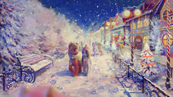 Size: 1400x788 | Tagged: safe, artist:son-trava, big macintosh, marble pie, earth pony, pony, background pony, bench, christmas, christmas lights, clothes, couple, depth of field, eye contact, female, fluffy, hair over one eye, hat, hoofprints, lamp, lamppost, leg fluff, male, marblemac, mare, open mouth, scarf, scenery, shipping, shoulder fluff, smiling, snow, snowfall, stallion, straight, unshorn fetlocks, walking, winter