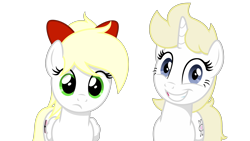 Size: 3556x2000 | Tagged: safe, artist:vectorfag, oc, oc only, oc:franziska, oc:kyrie, pegasus, pony, unicorn, aryan, aryan pony, blonde, bowtie, frown, looking at you, nazipone, simple background, smiling, trace, transparent background, vector