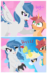 Size: 640x1000 | Tagged: safe, artist:nootaz, oc, oc only, oc:delta dart, oc:game guard, oc:nootaz, hippogriff, pony, unicorn, angry, bad pony, dialogue, female, flirting, funny, gametaz, gay, glasses, glowing horn, hippogriff oc, jealous, magic, magic aura, male, protecting, size difference, spray bottle, straight, talons